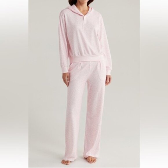 PJ Salvage Leopard Hooded Thermal Waffle Pajamas 2 PC Set Top & Pants Blush Pink - Picture 1 of 9